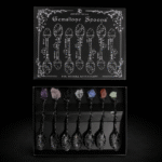 Set of 7 Dark Silver Gemstone Crystal Witch Spoons