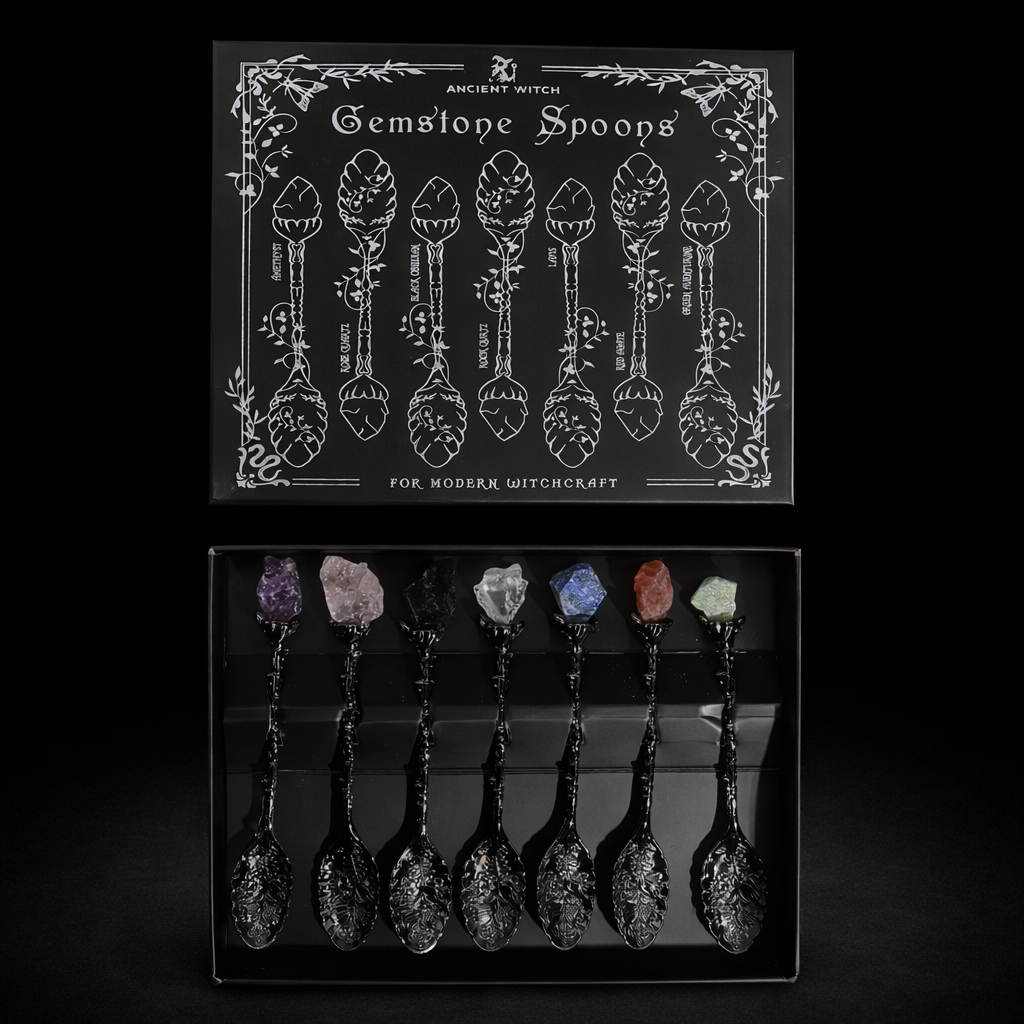 ChatGPT Image 5 янв. 2026 г., 16_09_53 Set of 7 Dark Silver Gemstone Crystal Witch Spoons - Image 1