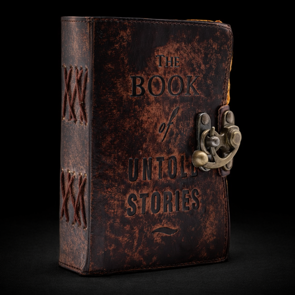 ChatGPT Image 5 янв. 2026 г., 16_35_01 Fat Deckled Leather Notebook – The Book of Untold Stories – 15x10 cm - Image 1